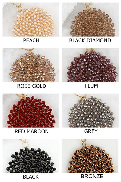 This 32 inch intricate crystal wire link beaded pendant long necklace by Urbanista adds the right bling to any top or dress. Now available in Black, Rose Gold, Black Diamond,Hematite, Bronze, Matte Gold, and Ivory!