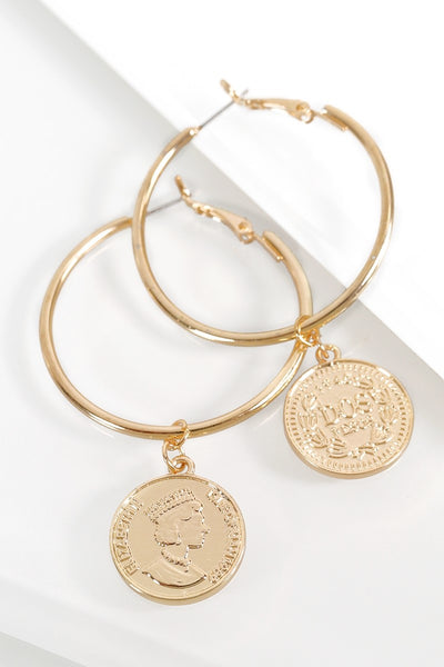 These lovely antique coin charm hoop earrings are brought to you by Urbanista. Pick your favorite color, gold or silver.