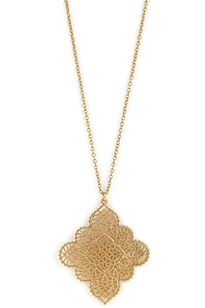 This 32" filigree marquee flower pendant necklace will make a fine addition to your accessory collection. Comes in gold and silver.