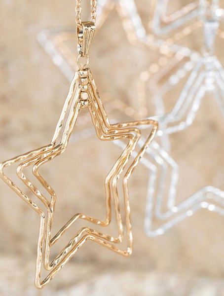 Show you are a star with this long 31 inch necklace has a beautiful hammered metal star pendant in gold or mixed metals. The pendant is approximately 2 1/4 inches.