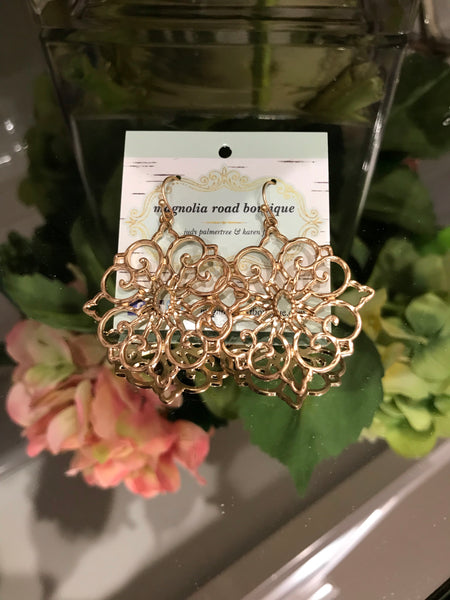 These hammered textured metal filigree dangle earrings from Urbanista are so elegant and versatile. Comes in gold and are approximately 1 5/8” long.