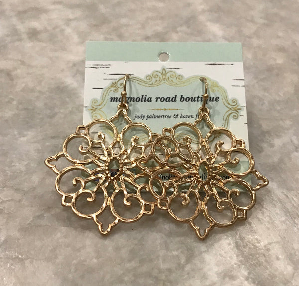 These hammered textured metal filigree dangle earrings from Urbanista are so elegant and versatile. Comes in gold and are approximately 1 5/8” long.