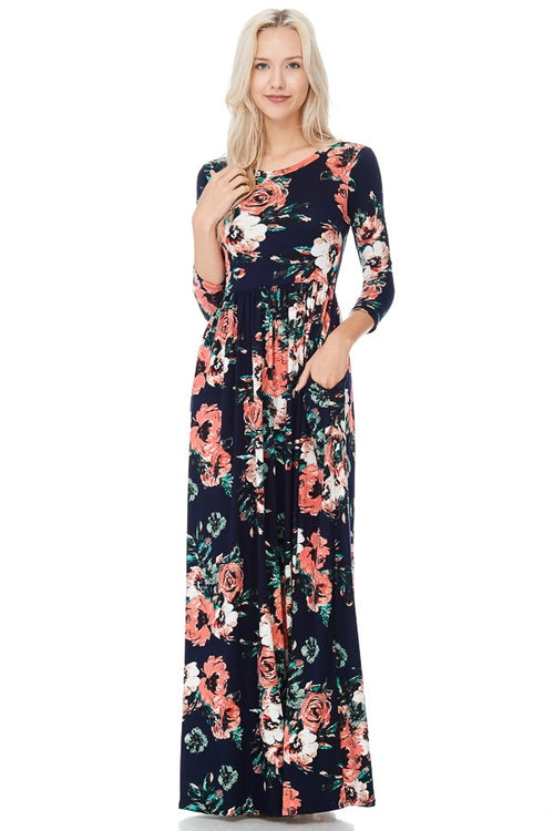 This lovely plus size floral maxi is brought to you by Reb & J. It features a long flowing fit with 3/4 length sleeves. You will love the soft, comfortable fabric. 