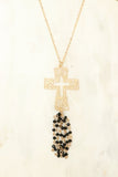 We LOVE this beautiful scroll necklace featuring beaded tassel detail from Fashionstar. Measures 30