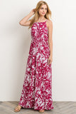 This tropical print floor length dress by Gilli  is features a lovely magenta color with tie in the back to keep the shoulder straps from slipping. You will never worry about wrinkles with this poly spandex knit. 