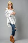 Stripes are key with this ivory and black striped tunic top from Lovely J. Pair it with your favorite jeans for a fantastic casual look. Comes in S-3X.