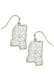 ﻿These Mississippi Map Shaped earrings feature beautiful scroll work reminiscent of a magnolia. Comes in Silver and Gold.