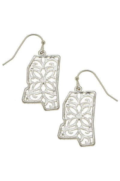﻿These Mississippi Map Shaped earrings feature beautiful scroll work reminiscent of a magnolia. Comes in Silver and Gold.