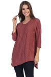 This awesome top is brought to you by Focus Fashion. It features 3/4 sleeves, an asymmetrical hemline, a round neckline, and a rayon/polyester blend. 