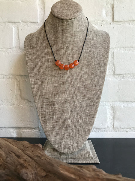 Natural Five Stone Orange Fire Agate and Leather Necklace
