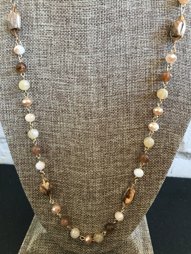 Unique Mixed Wire Wrapped Natural Stone and Crystal Bead Long Necklace