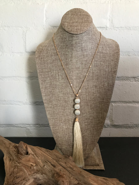 Thread Wrapped Three Ball Long Necklace With Tassel Pendant