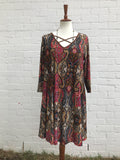 Paisley Print Dress with Suede Accents