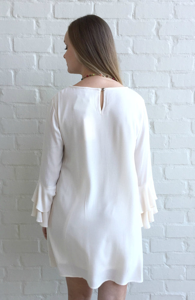 This feminine lightweight tunic dress by Jodifll has a crocheted yoke and long tiered sleeved.  It's also lined! Perfect for date night or an evening with the girls. So gorgeous!