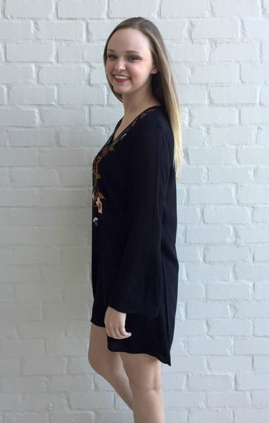 Summer is in the air! This black tunic dress by Jodifl has beautiful embroidered detailing on the front and along the neckline and has long flared sleeves. It is also lined. Add sandals and voila - another great outfit from Magnolia Road Boutique. 