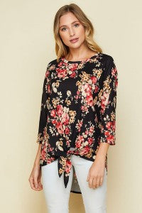 Black, Coral, and Mustard, Front Knotted Top