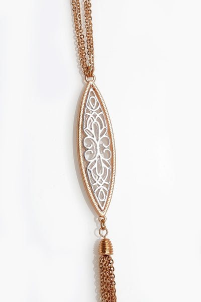 This beautiful contrast filigree marquee shape pendant necklace and tassel chain comes with matching earrings that compliment a variety of dresses and tops. It is 32" with 3" extender. Comes in Gold and Silver.