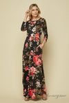 This lovely plus size floral maxi is brought to you by Honeyme. It features a buttery soft fabric, 3/4th length sleeves, a gathered waist, and rich colors. 