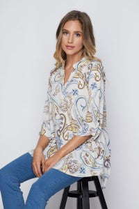 Face Spring in style with this super comfortable ivory tunic from Honeyme. It features a notched V-neck, 3/4 sleeves, and a loose fit. Comes in S-3X.