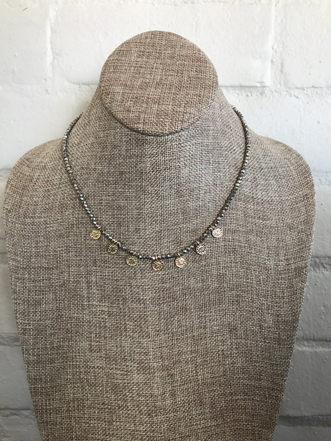 B.b.Lila creates stunning jewelry again with this grey bead and seven gold coin choker. 16 inches with a 3 inch extender.  