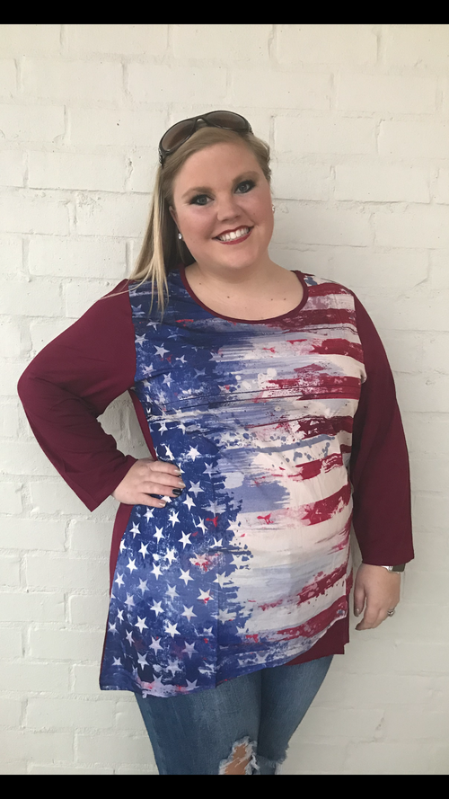 This top is perfect for your 4th of July celebration. 3/4 length sleeve for when it gets chilly at night.