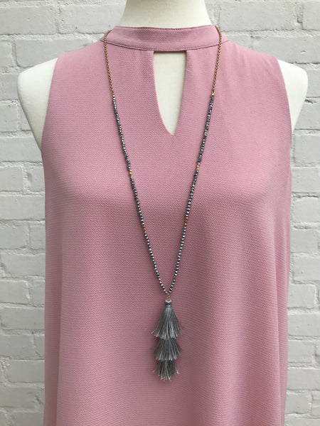 Thread Wrapped Three Ball Long Necklace With Tassel Pendant