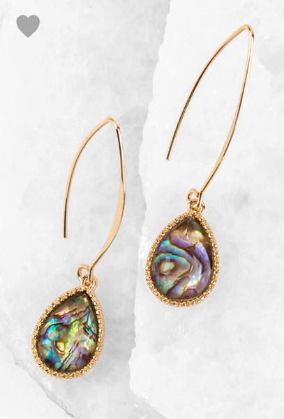 These stunning glass tear drop hook earrings are approximately 2.25 in length.  Urbanista does it agin! Comes in Abalone, Light Topaz, and Opal. 