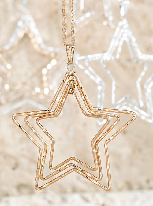Show you are a star with this long 31 inch necklace has a beautiful hammered metal star pendant in gold or mixed metals.  The pendant is approximately 2 1/4 inches. 