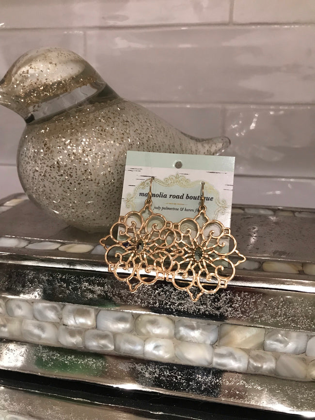 These hammered textured metal filigree dangle earrings from Urbanista are so elegant and versatile. Comes in gold and are approximately 1 5/8” long.