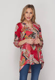 We love this gorgeous red gabby top by Honeyme. It features 3/4 sleeves and a non-wrinkling 100% polyester fabric. Comes in Small thru Large. 