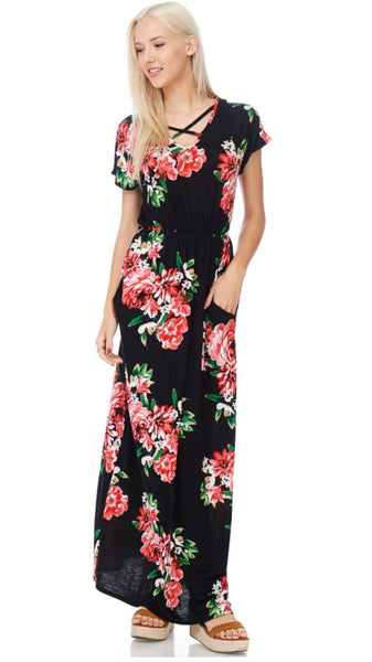 Reborn J Black and Coral Floral Maxi Dress
