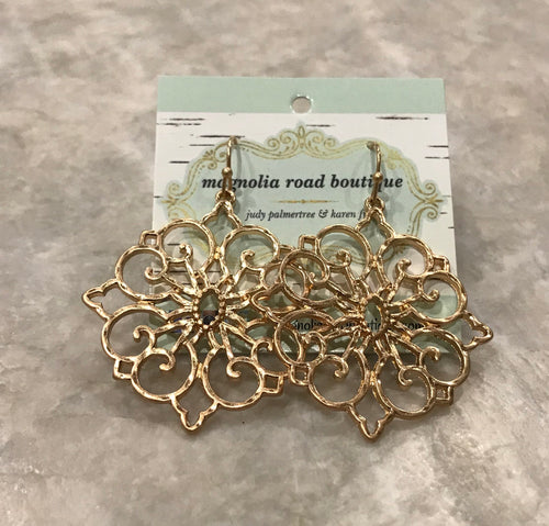 These hammered textured metal filigree dangle earrings from Urbanista are so elegant and versatile. Comes in gold and are approximately 1 5/8” long.