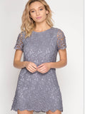 Blue Grey Crochet Lace Shift Dress