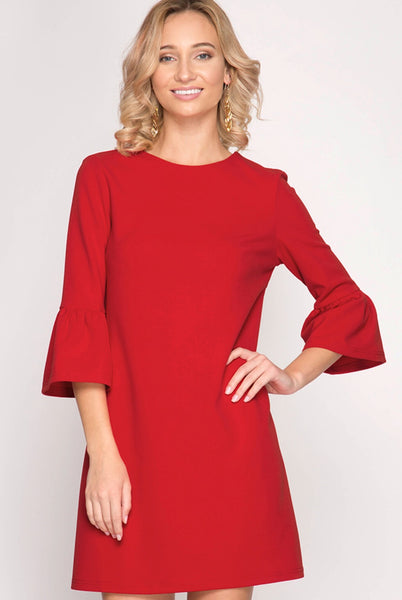 We are in love with this perfect little shift dress with 3/4 bell sleeves. It's so versatile - work, play, party, or church....just change your accessories and change the look! Available in true red or misty blue. 100% non transparent polyester.  