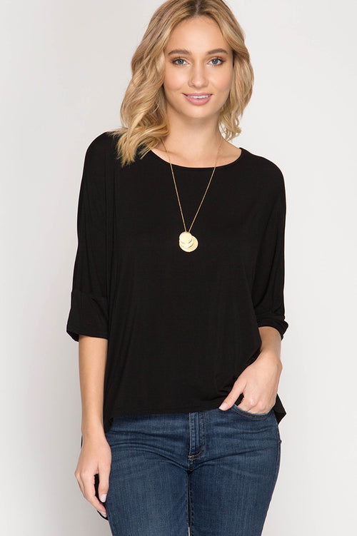 This 3/4 sleeve top from She & Sky features light weight material and a lovely, partially open, back detail. This style is longer in the back, a look that is very stylish. Wear it with you favorite jeans and sandals for a great spring look. 