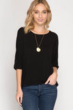 This 3/4 sleeve top from She & Sky features light weight material and a lovely, partially open, back detail. This style is longer in the back, a look that is very stylish. Wear it with you favorite jeans and sandals for a great spring look. 