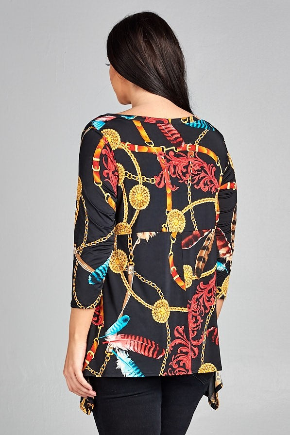 Rich colors of rust, gold, and turquoise make up the elegant chains and medallion print for this black curvy size top. You love the easy care of this top! Just wash and hang. 96% polyester and 4% spandex. 