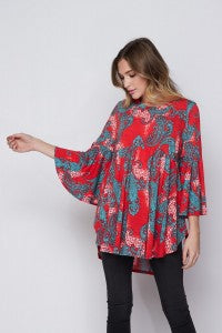 The crimson and mint paisley top from Honeyme features a relaxed fit, gorgeous bell sleeves, and beautiful colors that pop! Comes in S - 3X.