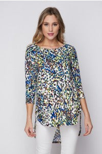 This festival animal print top is from Honeyme. It features a hi/lo hem, and relaxed fit, and 3/4 sleeves. 