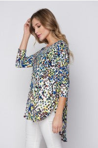 This festival animal print top is from Honeyme. It features a hi/lo hem, and relaxed fit, and 3/4 sleeves. 